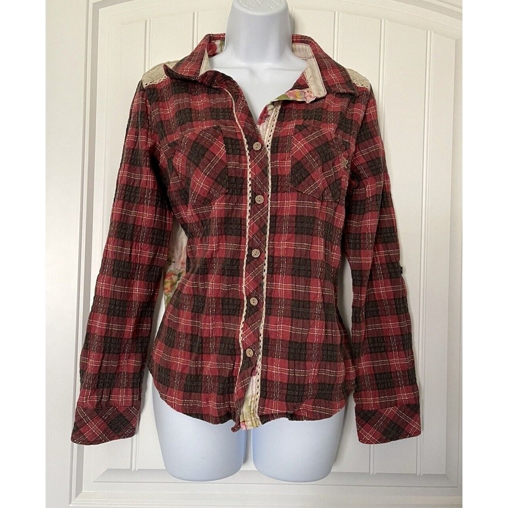 Miss Me Womens Size Small Plaid Front Floral Back Button-up Tab Sleeve Shirt Top
